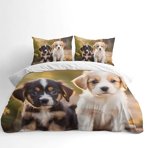 Adam Home 3D Digital Printed Dogs Duvet Cover Set with Pillowcases for Kids Adults Home Bedroom Décor Microfiber Double Bedding Set Made in UK | Puppy Duo Garden