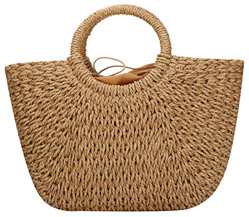 Straw Bags for Women,Hand-woven Straw Large Rattan Bag Round Handle Ring Tote Retro Summer Beach Rattan Bag