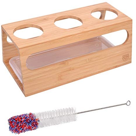 GRÄWE Bambushalter Glasflaschen-Halter für 3 Flaschen + Flaschenbürste 30 cm