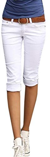ORANDESIGNE Donna Capri-Pantaloni Casuale Pantaloncini Basic 3/4 Leggings Pinocchietto Sport Bermuda Jeans Elastici 1 Bianco M