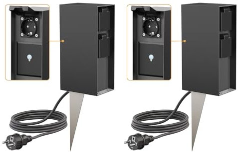 ledscom.de 2 Stück Garten-Steckdosensäule POMI mit Erdspieß und 2m Kabel für außen, IP44, Smart Home, WLAN, Alexa, 3-Fach, anthrazit, eckig, 23cm