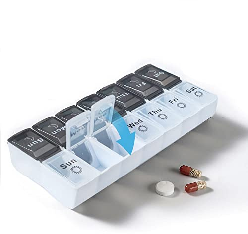 FainFun Pillerbox 7 dagar morgon kväll stor, fuktbeständig medicinlåda 7 dagar morgon kväll, medicindispenser, 14 fack, svart och vit