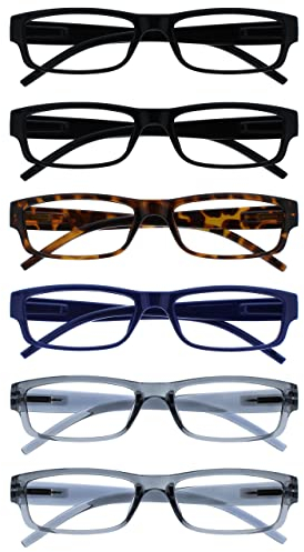 OPULIZE Ace Occhiali da lettura 6 Pack Classic Everyday Narrow Frame Graffio Resistente Primavera Cerniere Nero Uomo Donna RRRRRRRRRR32, Nero/Marrone/Blu Scuro/Grigio