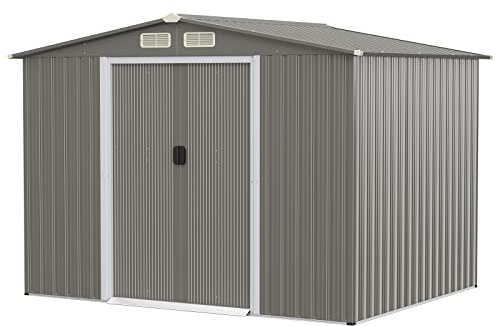 COSTWAY Redskapsbod med fundament, 260 x 207 x 180 cm, verktygsskjul i förzinkat stål, trädgårdsbod med dubbla dörrar & ramp, trädgårdsskjul låsbart, 8,5 m³ metallskjul för utomhusbruk (Ljusgrå)
