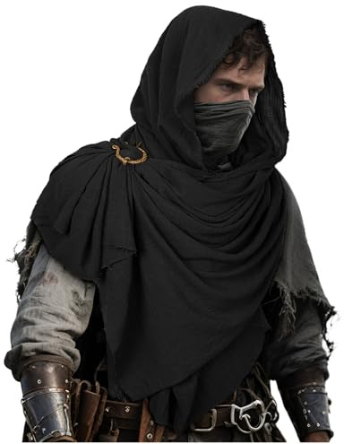L'VOW Medieval Hooded Cloak Shaman Shawl Half Shoulder Wrap Scarf Cowl Ninja Hood Cape Viking Renaissance Costume(Black)