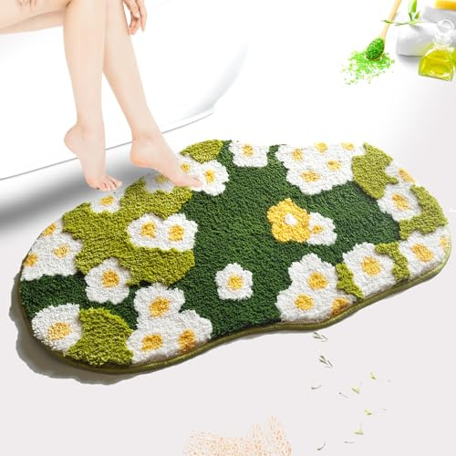 Yhoelata Cute Floral Bathroom Rug, Plant Toilet Rugs, Flower Bath Mat, Green Aesthetic Shag Decor Rug, Soft Absorbent Non Slip Bathroom Mats for Wash Sink Bathtub Shower, 32×20 