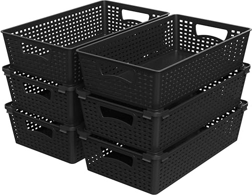 Simple Houseware Stackable Plastic Woven Basket Organizer, 6 Pack, 14.5 x 8.5 x 3.5, Black