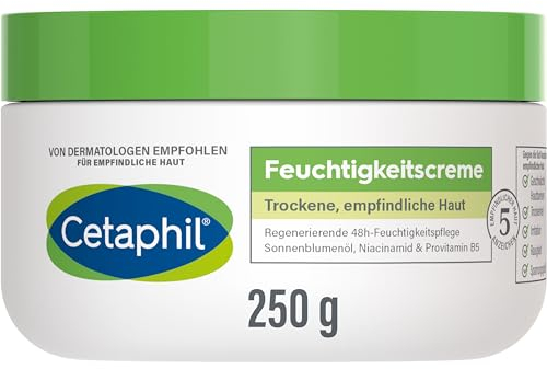 CETAPHIL Feuchtigkeitscreme, 250g, Für trockene, empfindliche Haut, Spendet intensiv 48h Feuchtigkeit und stärkt die Widerstandskraft, Mit Vitamin B3, Provitamin B5, Sonnenblumenöl, Mandelöl, Glycerin