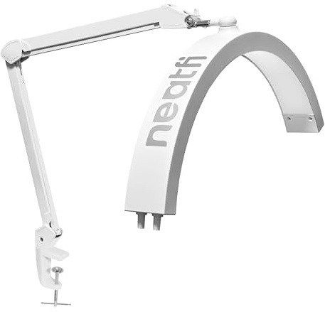 Neatfi Half Moon Swing Arm Bordslampa, LED-belysning för estetiker, 2500 Lumen, 5 ljuslägen, idealisk för nagelkonst, ansiktsbehandlingar, gängning och tatueringar (CCT med Klämma, Vit)