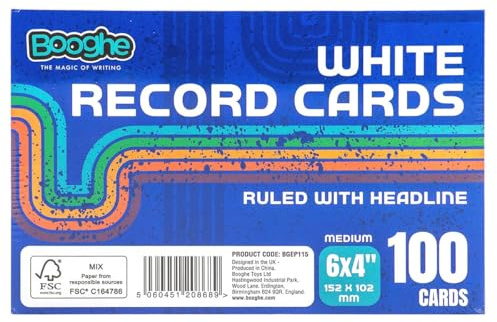 Booghe A6 White Index & Record Cards – 100 Ruled Flashcards with Headline, 6 x 4 Inch (152 x 102mm) – Pack of 1