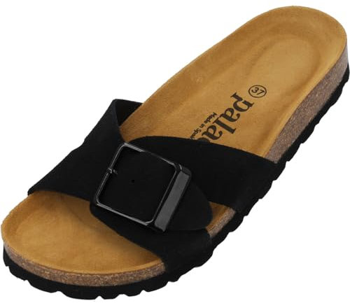 Palado Pantoletten Damen Tinos Premium Leather - elegante Sandalen Made in Spain - bequeme Hausschuhe mit Kork-Fußbett - modische Sommerschuhe Schwarz UK6 - EU39