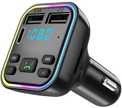 Récepteur MP3 de Voiture, Transmetteur FM sans Fil 5.0 de lumières colorées avec Double Chargeur USB, Appel Mains Libres Type-C PD 20W et QC 3.0, Lecteur MP3 pour Prise de Disque U