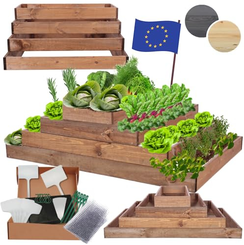 MODO24 Hochbeet Holz, Kräuterbeet, Gartenbeet, Pflanzbeet, Blumenbeet, Stufenbeet, für Garten und Terrasse, Kiefernholz, Massivholz, höhenverstellbar, Abmessungen 36x117x80 cm, Farbe: Braun