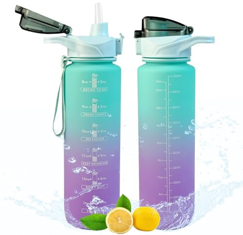 ZZYJRCX Trinkflasche 1L Sport, 1L Wasserflasche mit Strohhalm und Zeitmarkierung BPA-Frei, Trinkflasche Kohlensäure Geeignet,Auslaufsicher Water Bottle Für Fitness, Radfahren, Büro (Grün Lila)