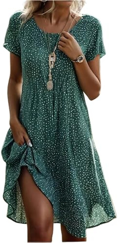 Robe Femme Chic Et Elegant Mariage Été Robe Coton Boheme Courte Manches Courtes Vetement Femme Ete Plage Col Rond Summer Dress Et Ventes Flash Vert XXL
