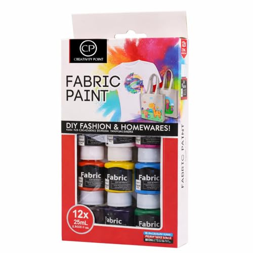 Creativity Point Set di 12 colori per tessuti, 25 ml per flacone (totale 300 ml), pittura tessile permanente per vestiti, scarpe, borse, tela e altro, eccellente potere coprente, elevata purezza