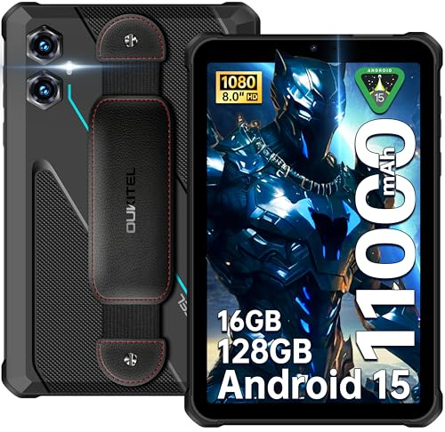OUKITEL RT3 Plus Rugged Tablet Android 15-8 HD 128GB +16GB(TF 1TB), 11000mAh 18W Charger, 16MP+8MP Camera Tough Tablet with Wrist Strap, 5G-WiFi/OTG/GPS/NFC/Blue