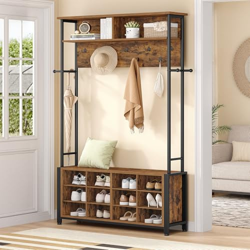 Hzuaneri Appendiabiti Ingresso con Panca Scarpiera, 12 Scomparti per Scarpe, 13 Ganci Attaccapanni, 31 x 110 x 187 cm, Industriale, per Corridoio, Ingressom, Marrone Rustico HT17901B