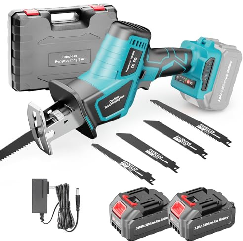 blayram Säbelsäge Akku 21V, 0–3000 U/min Säbelsägen mit variabler Geschwindigkeit, Reciprosäge mit 2x 3.0Ah Akku und Ladegerät & 4 Sägeblätter zum Schneiden von PVC/Holz/Metall