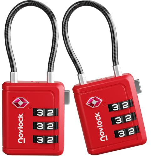 TSA Bagagelås med Alertindikator – Kombinationslås med Flexibelt Kabellås – För Resväskor, Kabinväska, Ryggsäckar, Bagage och Skåp – 2-pack röd