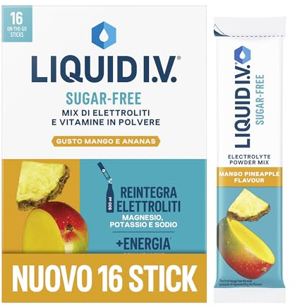 Liquid I.V. Sugar Free 16 sticks, Integratore con Elettroliti Senza Zucchero per Idratazione Quotidiana, con Magnesio, Sodio e Potassio, con Vitamine B3, B5,B12 e C, Vegano, Mango e Ananas