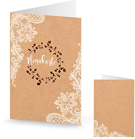 Logbuch-Verlag 20 Menükarten Speisekarten DIN A5 Vintage Kraftpapier braun Spitze Boho Hochzeit Geburtstag Tischdeko bedruckbar beschriftbar