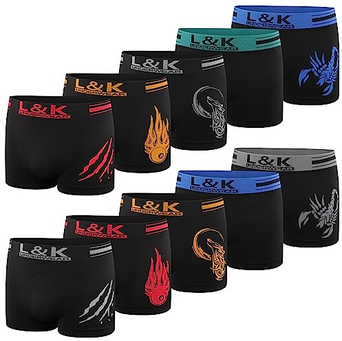 L&K 10 Pack Boxer Uomo Pantaloncini Intimo Microfibra Retro Pantaloncini Colore Nero con Motivi 1213 BL M/L