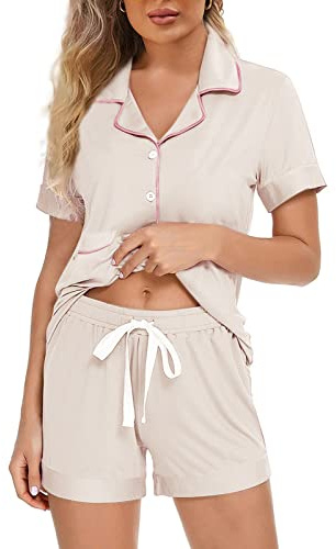 WJing Yi Jia Pyjamas For Women Set Short Ladies 2Pcs Pj Sets Button-Down Pyjama Sleepwear Plain Short Sleeve Shirt With Shorts Bridesmaid Bride Jersey Pajamas Bridal Pj Set For Womens