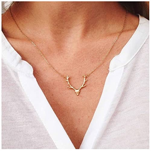Allereya Boho Hirschgeweih Halsband Halskette Gold Elchkopf Anhänger Halskette Bohemian Geweih Hirsch Halsband niedliches Tier Halskette Kette Schmuck für Frauen und Mädchen