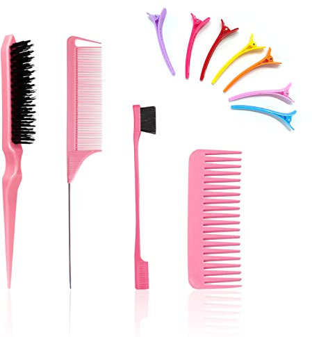 Set di 3 pettini per parrucchieri con 1 pettine a denti larghi e 4 fermagli per capelli, spazzola a setole a pettine a coda di rondine, spazzola a doppia faccia, set di spazzole per capelli. (Rosa)