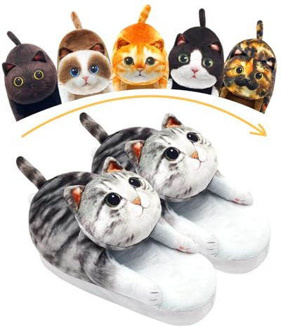 Openhahaha Zapatillas Casa Mujer Hombre, Zapatillas Gato Originales, Pantuflas Divertidas de Animales para Invierno (Gris)