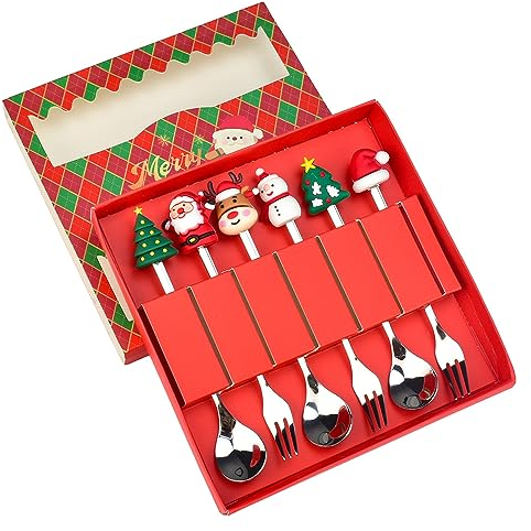 LANSKYLAN Set di Cucchiaini Natalizi 3 Pezzi Cucchiaio da Caffè in Acciaio Inox 3 Pezzi Forchetta da Torta Cucchiaio in Stile Natalizio Cucchiaino da Dessert con Confezione Regalo per Feste di Natale