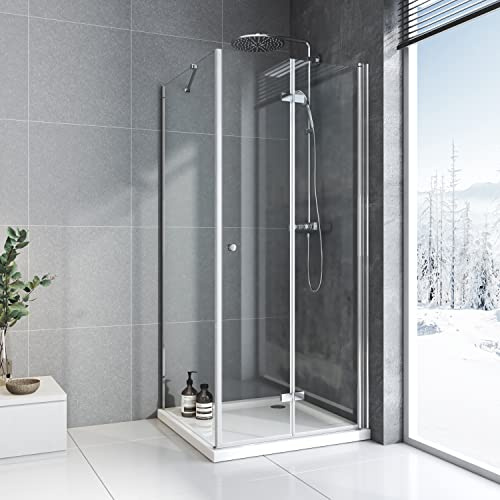 Duschkabine 90x90 cm Eckeinstieg 180° Falttür Duschabtrennung Eckeinstieg Duschwand Dusche mit Seitenwand aus 6 mm Starkem Gehärtetem Sicherheitsglas,Höhe 185 cm