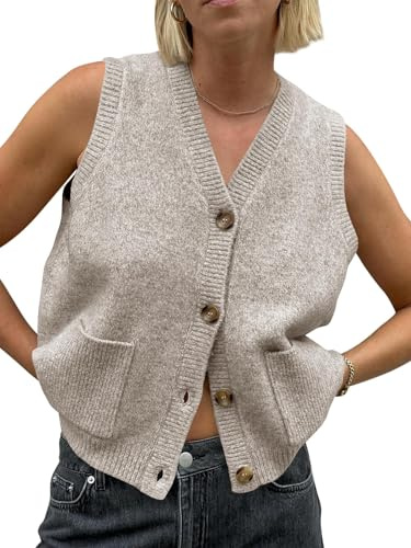 Saodimallsu Pullover Gilet da Donna Senza Maniche, vestibilità Ampia, Gilet in Maglia con Bottoni, Collo a V, Maglieria Trendy Casual con Tasche, Kaki Chiaro, XXL