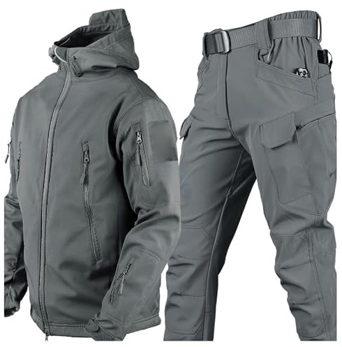 aromm Giacca Tattica Softshell con Cappuccio e Pantaloni da Uomo per Pesca All'aperto Escursionismo Camping Grigio, S