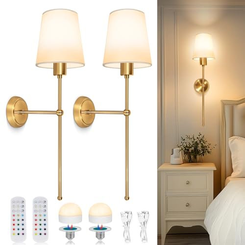 Dehobo Battery-Operated Wall Sconces with Fabric Shade, Rechargeable LED Wall Lights Set of 2, Dimmable Wireless Lamp with 3 Color Temperature, 12 RGB and Remote for Bedroom Living Room Hallway