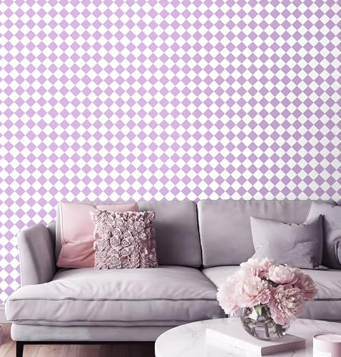 Self Adhesive Wallpaper Purple,44 x 500 cm Mosaic Checkered Wallpaper Purple and White Geometric Wall paper Peel and Stick Wall paper Self Adhesive Furniture Wrap for Living Room,Bathroom,Cabinet