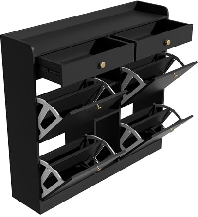 Azkoeesy Schuhschrank mit 4 Klapptüren und 2 Schubladen, 3 offenen Fächern, 110 B x 26 T x 100 H (cm), perfekt für Moderne Flure und Eingangsbereiche, Schwarz