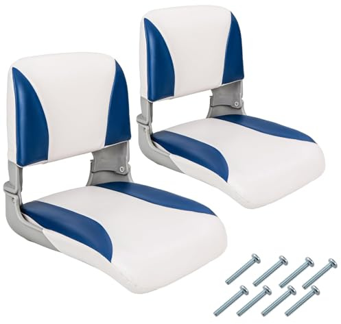 COSTWAY Set of 2 Foldable Boat Chairs, Fold-Down Low Back Captain Boat Seats with Thick Sponge Padding, Ergonomic Seating for Fishing Boat Yachts (Blue+White, 46 x 49 x 48cm)
