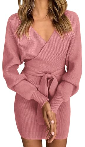 heekpek Vestido de Punto Mujer Invierno Manga Larga Cuello en V Mini Vestido Punto Mujer Ajustado con Cinturón Cálida Vestidos de Elástico Corto Sexy