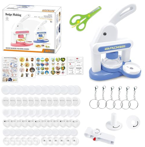 Lotvic Badge Making Kit for Kids, Badge Making Machine with 36 Pcs Button Parts, Stickers, Circle Cutter, Scissors, Kids Button Maker Machine, DIY Badge Maker for Kids Birthday Christmas Gifts (Blue)
