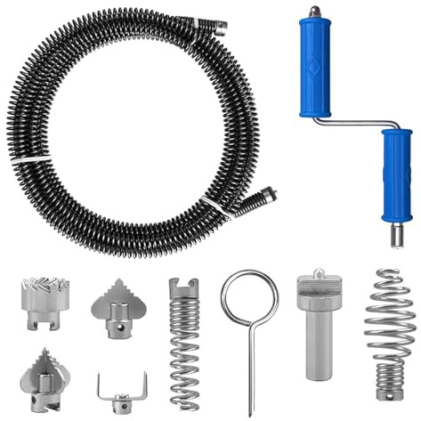 Drain Snake 5m Pipe Cleaner Spiral with 6 Cutting Heads, 12mm Drain Unblocker Auger Tool for Kitchen Sinks, Bathroom Drainage, Toilet & Sewer Pipe Cleaning