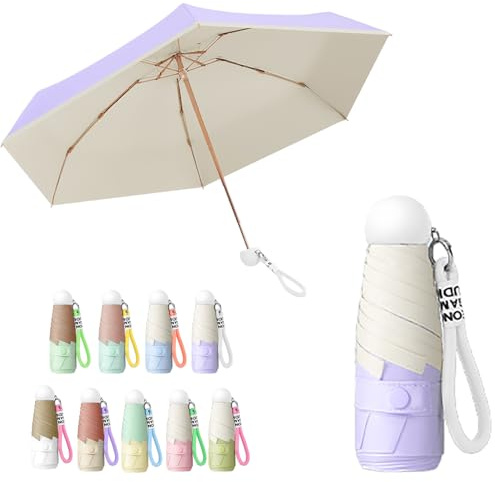 Cute Mini Folding Travel Umbrella With Braided Lanyard Keychain And Frosted Round Handle for Women Kids,Teflon Coating,UV Protection,Compact,Sun Rain,Small Lightweight,Car,Strong Portable,Handbag