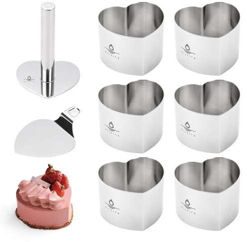 Hilsita Herzförmige Kuchenringe, nahtlose Edelstahl-Ausstecher für Backzwecke, 3 Zoll Backringe mit Ausdrücker & Heber, Dessert-Mousse-Formen Backwerkzeuge, inklusive 1 Ausdrücker, 1 Heber und 6 Ringe