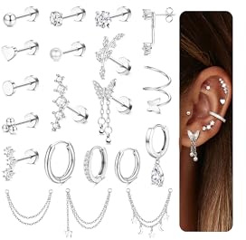 Adramata 20 Piezas Piercing Oreja Acero Quirurgico Pendientes Mujer Hipoalergenicos Pendientes Aro con Cadena Oro/Plata Piercing Tragus Helix Cartílago