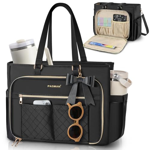 Teacher Tote Bag for Women,Multi-Pocket Laptop & Nurse Work Bag with Cup Holder,Structured Business Briefcase Computer Purse