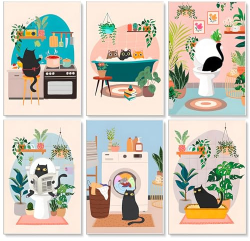6 Pack Paint by Numbers for Adults, Black Cat Painting Kit, 8 x 12 inch | DIY Acrylic Painting Craft for Beginners, Relaxing Stress Relief Craft, Funny Cat Wall Decor, Home Decor, Gift Idea