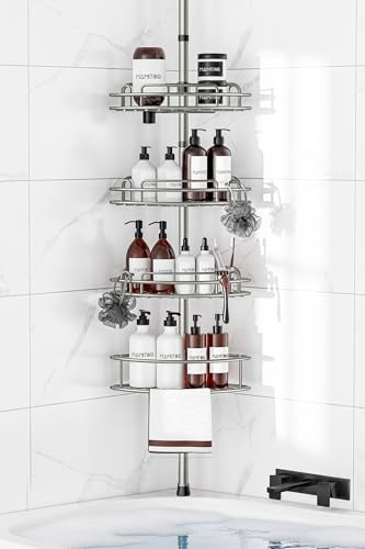 HAMITOR Estantería Baño Ducha Telescópica de 4 Pisos, Ángulo de Metal para Cuarto de Baño, sin Taladrar, Almacenamiento para Champús, Longitud Regulable 121-314 cm, Gris Plata