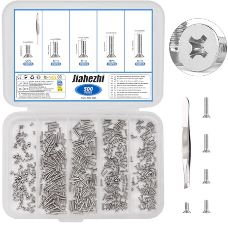Jiahezhi Set di 500 viti con mini viti M1 x 2/3/4/5/6 mm, assortimento di viti per macchina a testa svasata per orologi, computer, occhiali, microviti a testa piatta argentata