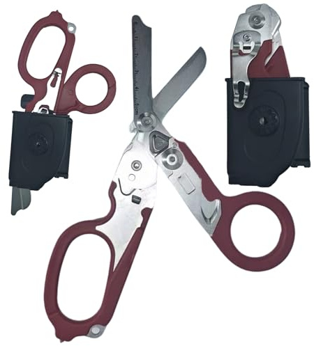 6 in 1 Multi-Function Pieghevole Forbici Trauma con fondina compatibile, Forbici di risposta di emergenza Outdoor Camping Rescue Tools con Strap Cutter e Glass Breaker (Rosso)